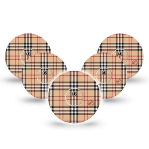 ExpressionMed Plaid and Bougie Freestyle Libre 3 and Libre 3 Plus Tape, 5-Pack Tape and 5-Pack Sticker Classic Beige Tartan Themed, Adhesive Tape Continuous Glucose Monitor Design