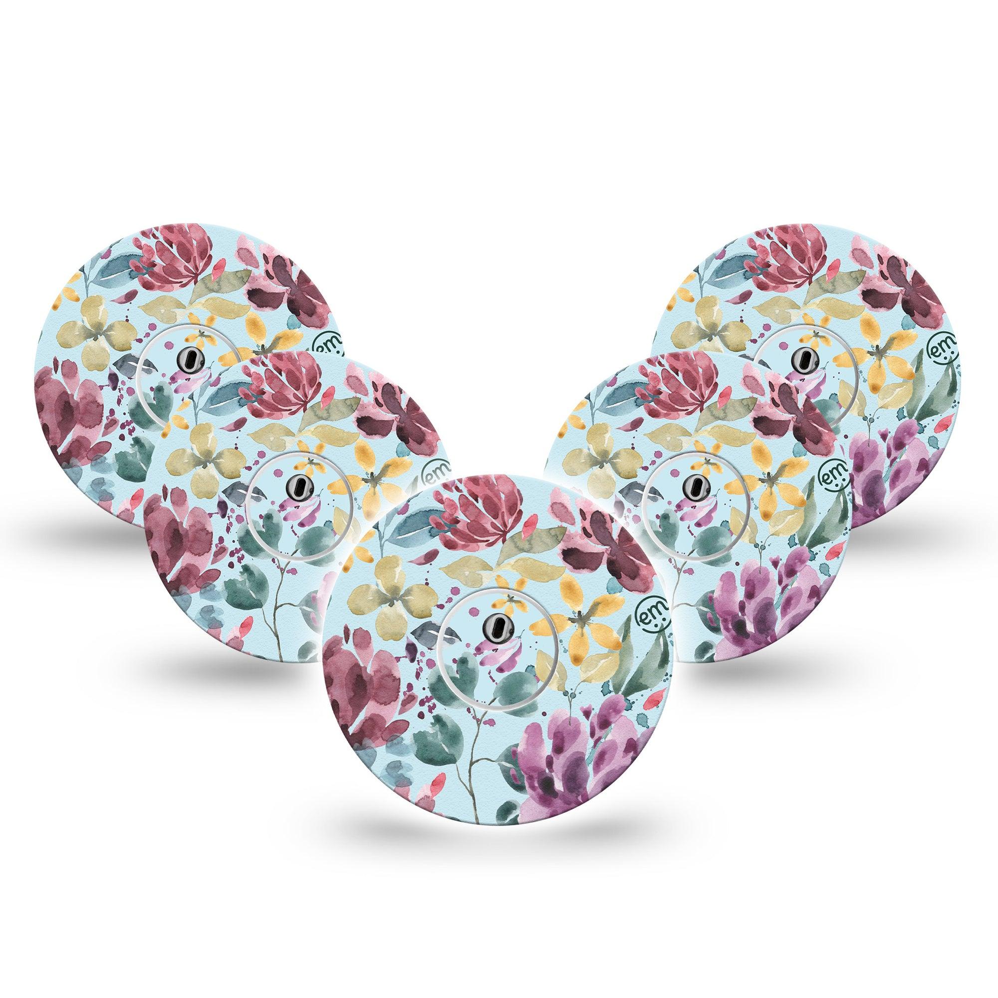 ExpressionMed Botanical Blooms Freestyle Libre 3 and Libre 3 Plus Tape, 5-Pack Tape and 5-Pack Sticker Watercolor Purple Floral Adhesive Tape Continuous Glucose Monitor Design