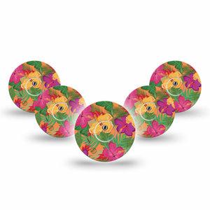 ExpressionMed Bright Hibiscus Freestyle Libre 3 and Libre 3 Plus Tape 5-Pack Tape and 5-Pack Sticker Exotic Petals, Adhesive Tape Continuous Glucose Monitor Design