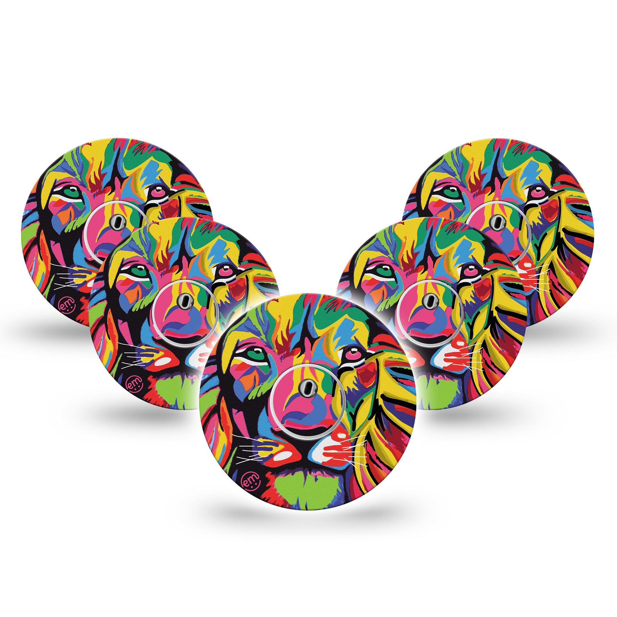 ExpressionMed Majestic Lion Freestyle Libre 3 and Libre 3 Plus Tape, 5-Pack Tape and 5-Pack Sticker Multicolored Lion Themed, Adhesive Tape Continuous Glucose Monitor Design