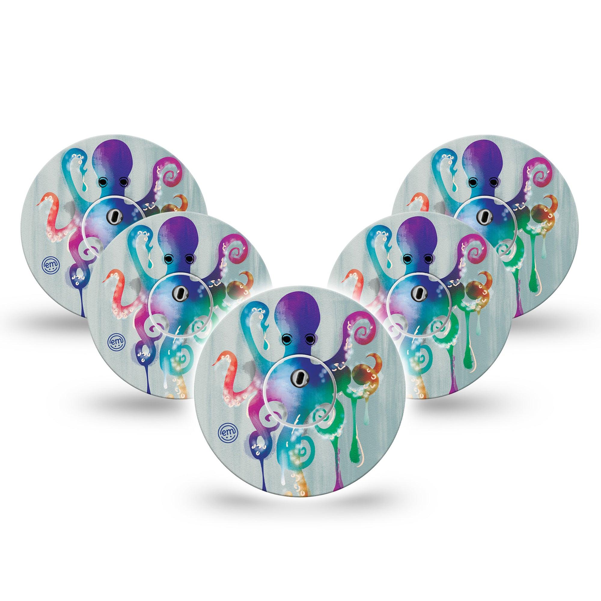 ExpressionMed Octopus Tattoo Freestyle Libre 3 and Libre 3 Plus Tape, 5-Pack Tape and 5-Pack Sticker Deep Sea Animal Themed, Adhesive Tape Continuous Glucose Monitor Design