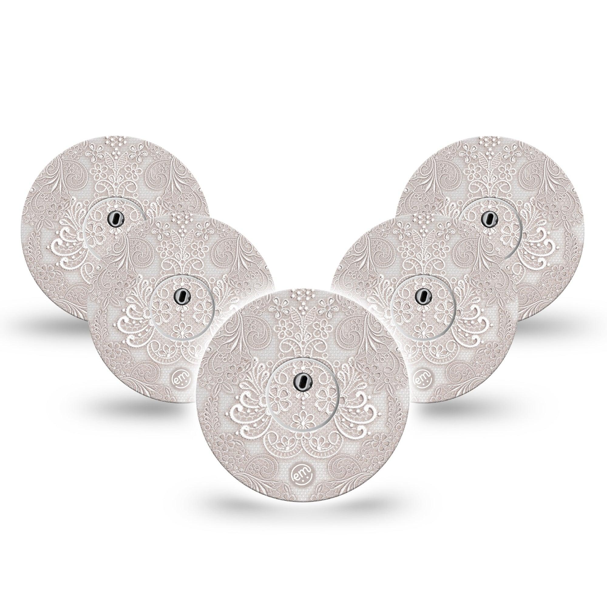 ExpressionMed Vintage Lace Freestyle Libre 3 and Libre 3 Plus Tape, 5-Pack Tape and 5-Pack Sticker Delicate White Lace Themed, Adhesive Tape Continuous Glucose Monitor Design