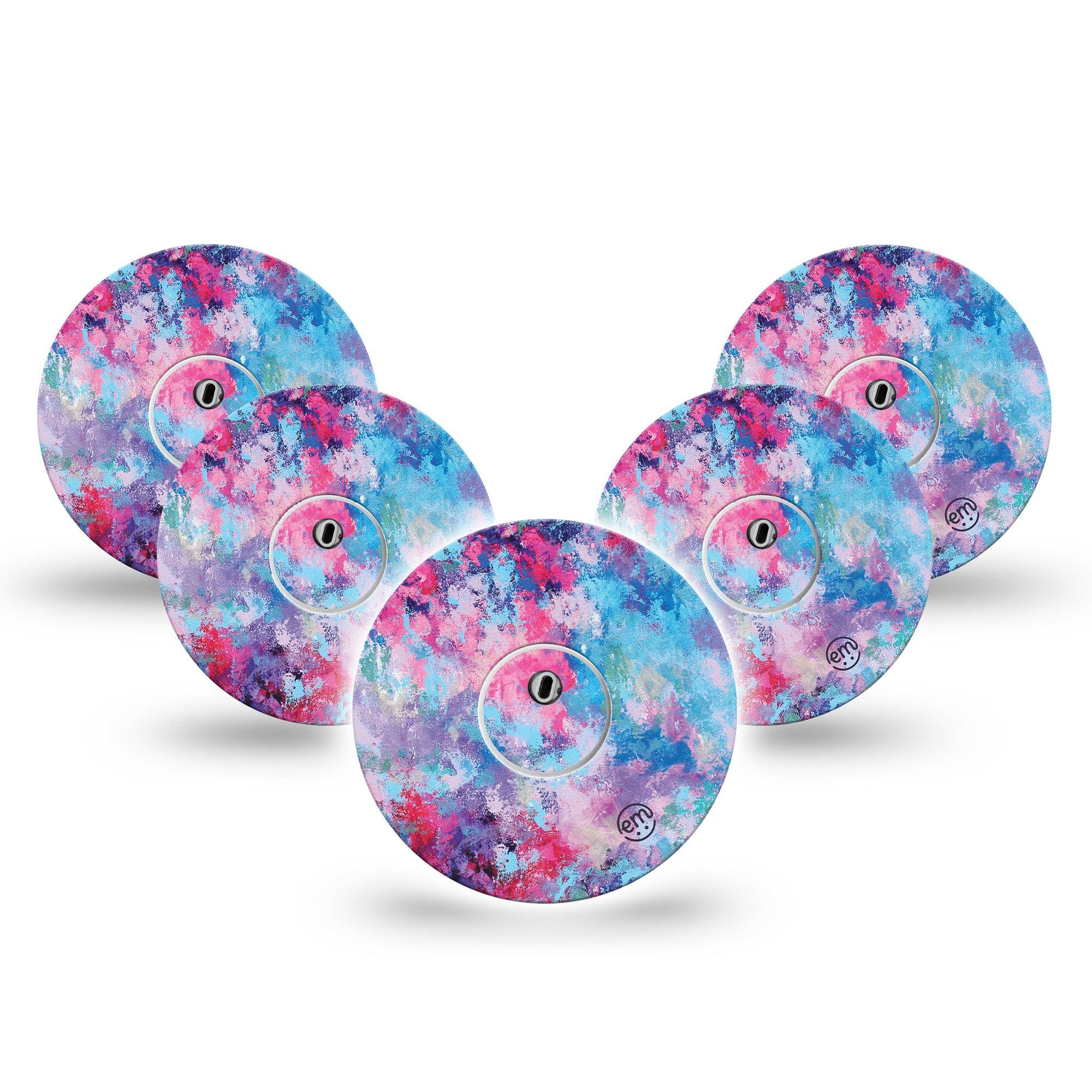 ExpressionMed Ascendant, the Rise Freestyle Libre 3 and Libre 3 Plus Tape, 5-Pack Tape and 5-Pack Sticker Purple Pink Blue Artsy Paint Blend, Adhesive Tape Continuous Glucose Monitor Design