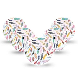 ExpressionMed Skateboard Freestyle Libre 3 and Libre 3 Plus Tape, 5-Pack Tape and 5-Pack Sticker Multicolored Feathers, Adhesive Tape Continuous Glucose Monitor Design