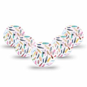ExpressionMed Skateboard Freestyle Libre 3 and Libre 3 Plus Tape, 5-Pack Tape and 5-Pack Sticker Multicolored Feathers, Adhesive Tape Continuous Glucose Monitor Design