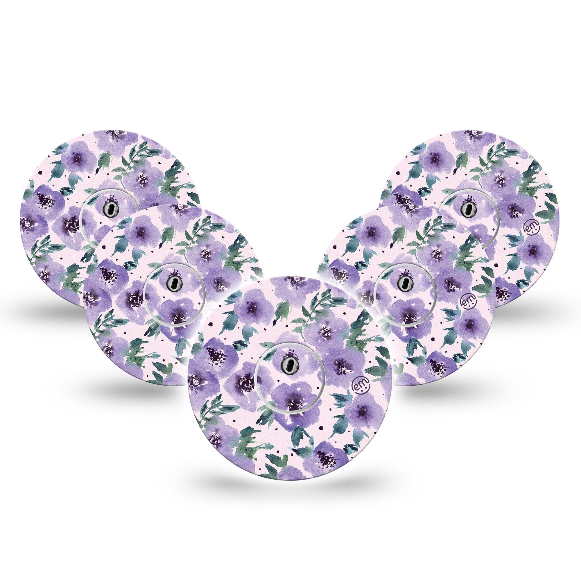 ExpressionMed Flowering Amethyst Freestyle Libre 3 and Libre 3 Plus Tape, 5-Pack Tape and 5-Pack Sticker Light Purple Flowers Inspired, Adhesive Tape Continuous Glucose Monitor Design