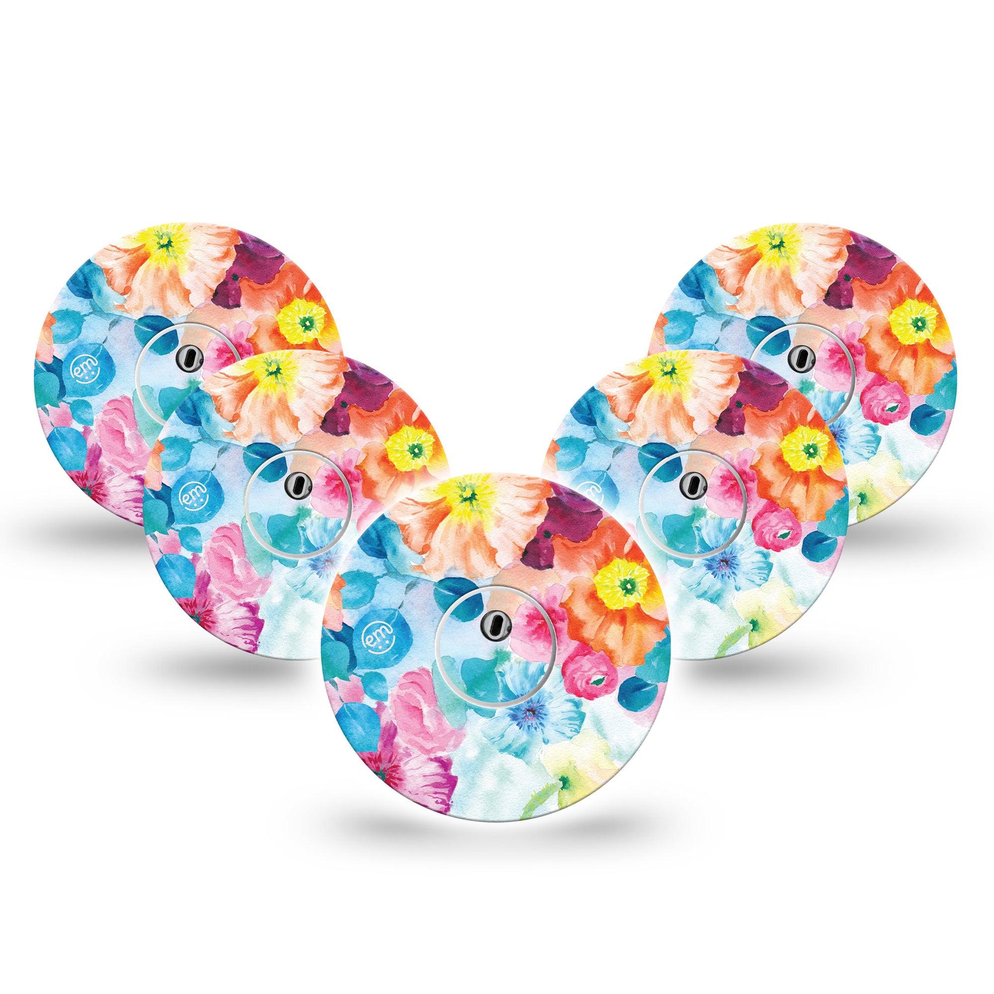 ExpressionMed Watercolor Poppies Freestyle Libre 3 and Libre 3 Plus Tape, 5-Pack Tape and 5-Pack Sticker Multicolored Florals Themed, Adhesive Tape Continuous Glucose Monitor Design