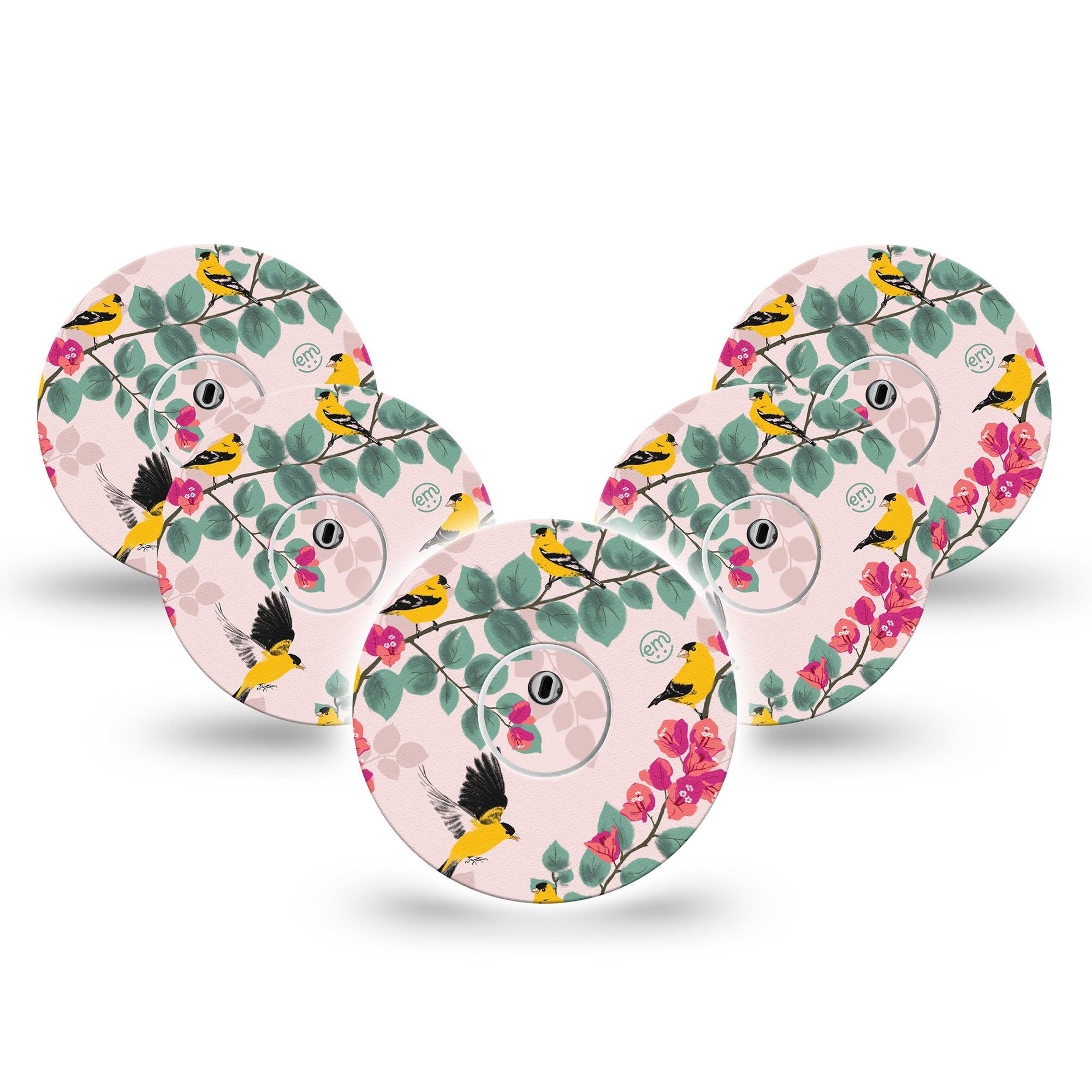ExpressionMed Yellow Finch Freestyle Libre 3 and Libre 3 Plus Tape, 5-Pack Tape and 5-Pack Sticker Yellow Birds Themed, Adhesive Tape Continuous Glucose Monitor Design