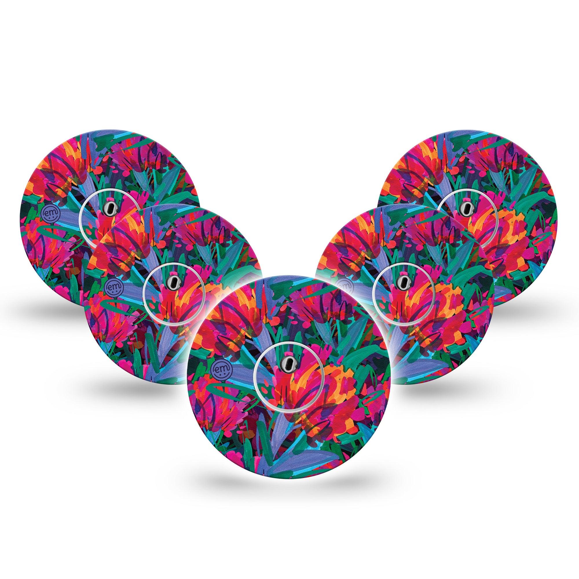 ExpressionMed Bold Petals Freestyle Libre 3 and Libre 3 Plus Tape, 5-Pack Tape and 5-Pack Sticker Vivid Flowers, Adhesive Tape Continuous Glucose Monitor Design