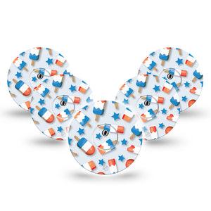 ExpressionMed Patriotic Popsicles Freestyle Libre 3 and Libre 3 Plus Tape, 5-Pack Tape and 5-Pack Sticker American Popsicle Themed, Adhesive Tape Continuous Glucose Monitor Design
