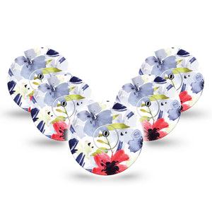 ExpressionMed Red White & Blue Flowers Freestyle Libre 3 and Libre 3 Plus Tape, 5-Pack Tape and 5-Pack Sticker Bunch of Flowers Themed, Adhesive Tape Continuous Glucose Monitor Design