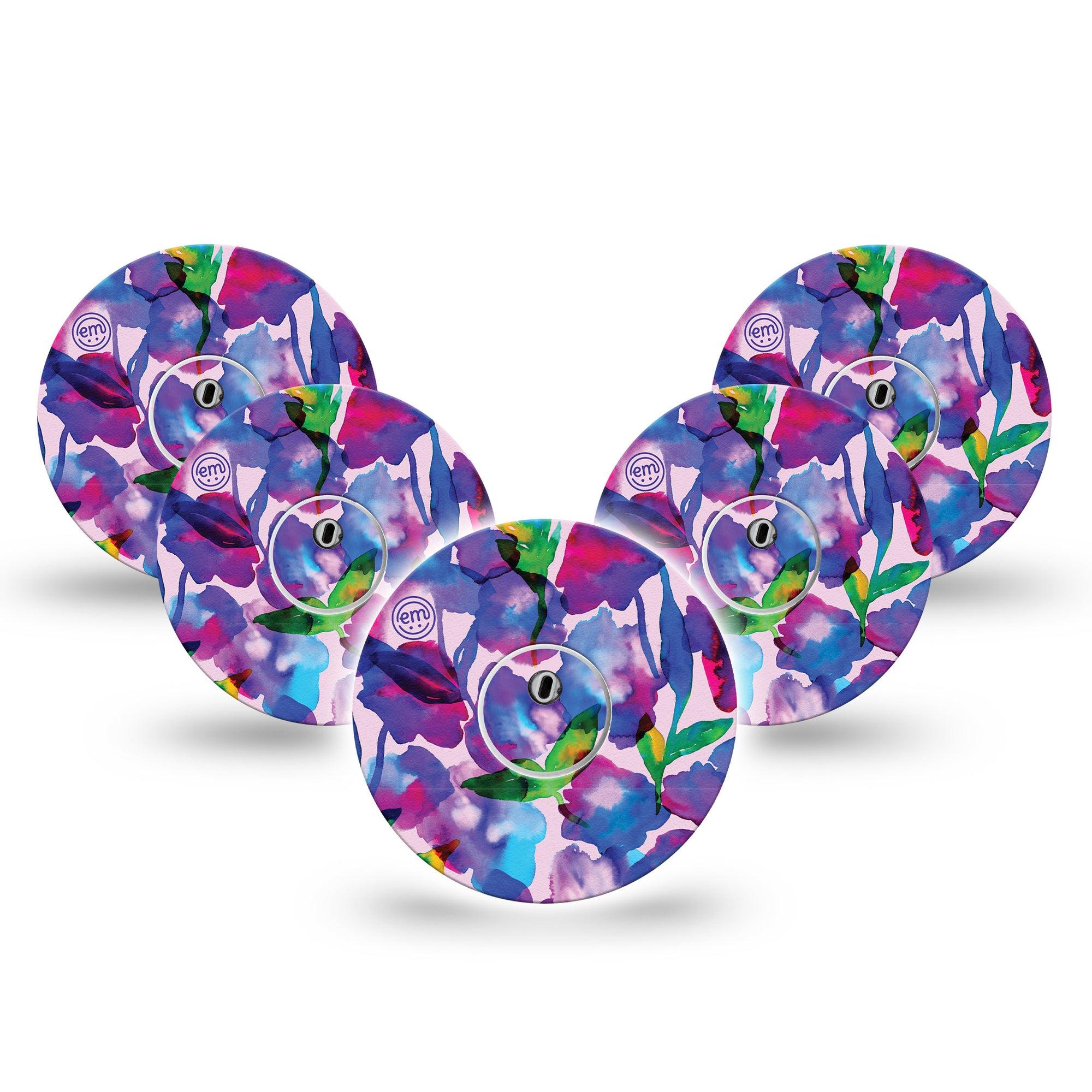 ExpressionMed Vibrant Purple Flowers Freestyle Libre 3 and Libre 3 Plus Tape, 5-Pack Tape and 5-Pack Sticker Vivid Petals Themed, Adhesive Tape Continuous Glucose Monitor Design