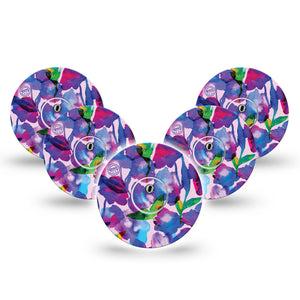 ExpressionMed Vibrant Purple Flowers Freestyle Libre 3 and Libre 3 Plus Tape, 5-Pack Tape and 5-Pack Sticker Vivid Petals Themed, Adhesive Tape Continuous Glucose Monitor Design