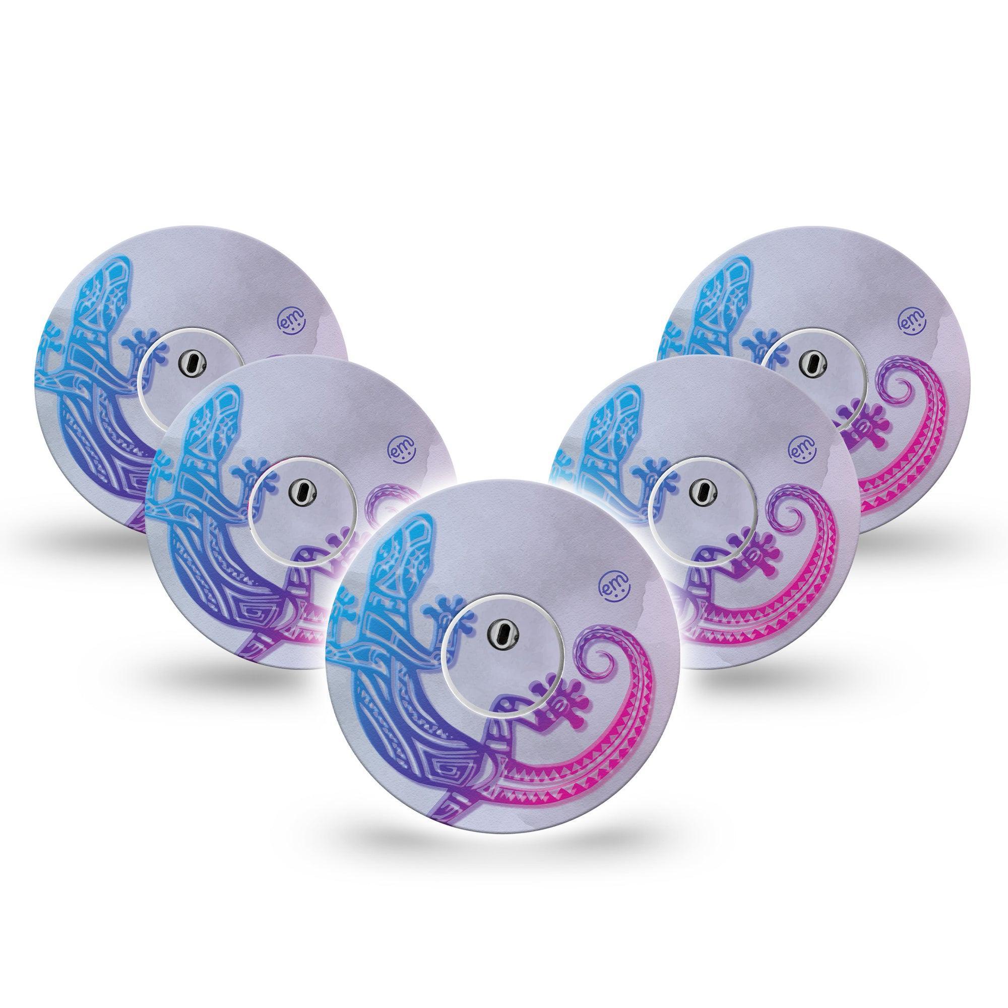 ExpressionMed Ombre Gecko Freestyle Libre 3 and Libre 3 Plus Tape, 5-Pack Tape and 5-Pack Sticker Colored Gecko Themed, Adhesive Tape Continuous Glucose Monitor Design