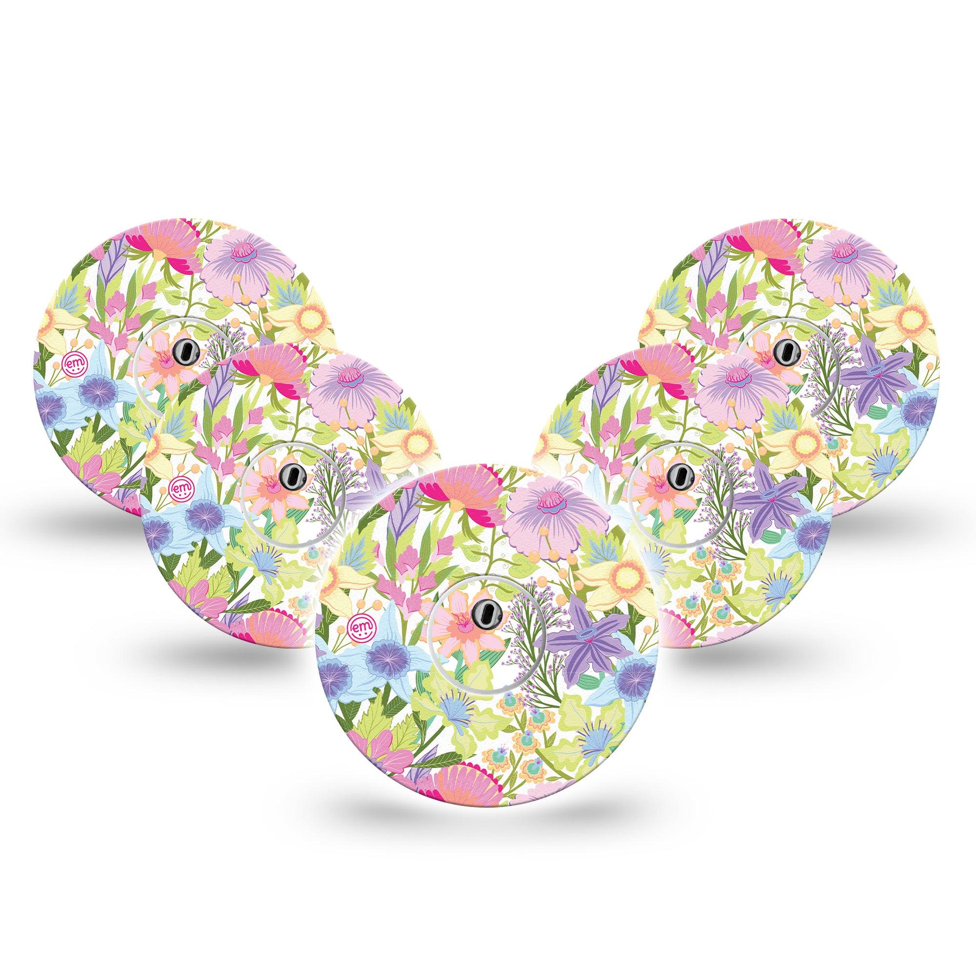 ExpressionMed Fantasy Florals Freestyle Libre 3 and Libre 3 Plus Tape, 5-Pack Tape and 5-Pack Sticker Pastel Flower Garden Inspired, Adhesive Tape Continuous Glucose Monitor Design