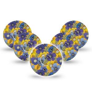 ExpressionMed Charming Blooms Freestyle Libre 3 and Libre 3 Plus Tape, 5-Pack Tape and 5-Pack Sticker Blue Yellow Arrangement, Adhesive Tape Continuous Glucose Monitor Design