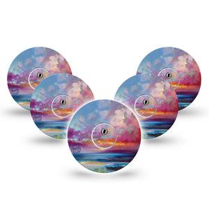ExpressionMed Painted Skies Freestyle Libre 3 and Libre 3 Plus Tape, 5-Pack Tape and 5-Pack Sticker Pinky Blue Clouds Painting Inspired, Adhesive Tape Continuous Glucose Monitor Design