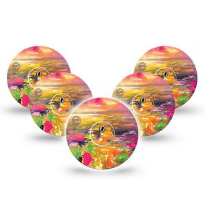 ExpressionMed Fragments from Above Freestyle Libre 3 and Libre 3 Plus Tape, 5-Pack Tape and 5-Pack Sticker Orange Sunset Painting Inspired, Adhesive Tape Continuous Glucose Monitor Design