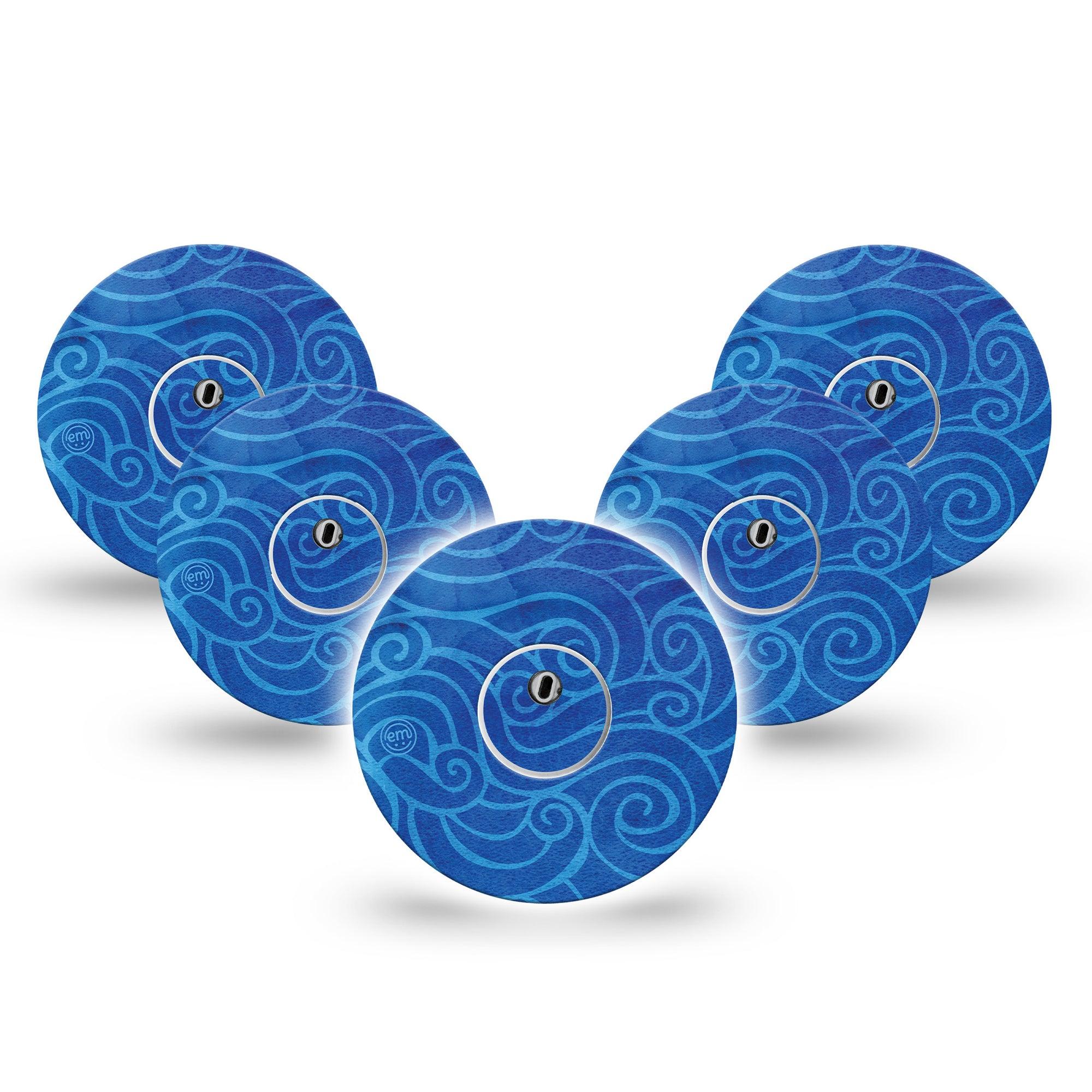 ExpressionMed Watercolor Waves Freestyle Libre 3 and Libre 3 Plus Tape, 5-Pack Tape and 5-Pack Sticker Blue Waves Inspired, Adhesive Tape Continuous Glucose Monitor Design