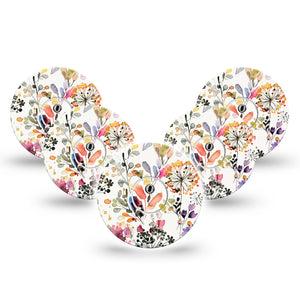 ExpressionMed Delicate Grasses Freestyle Libre 3 and Libre 3 Plus Tape, 5-Pack Tape and 5-Pack Sticker Watercolor Twigs and Flowers, Adhesive Tape Continuous Glucose Monitor Design