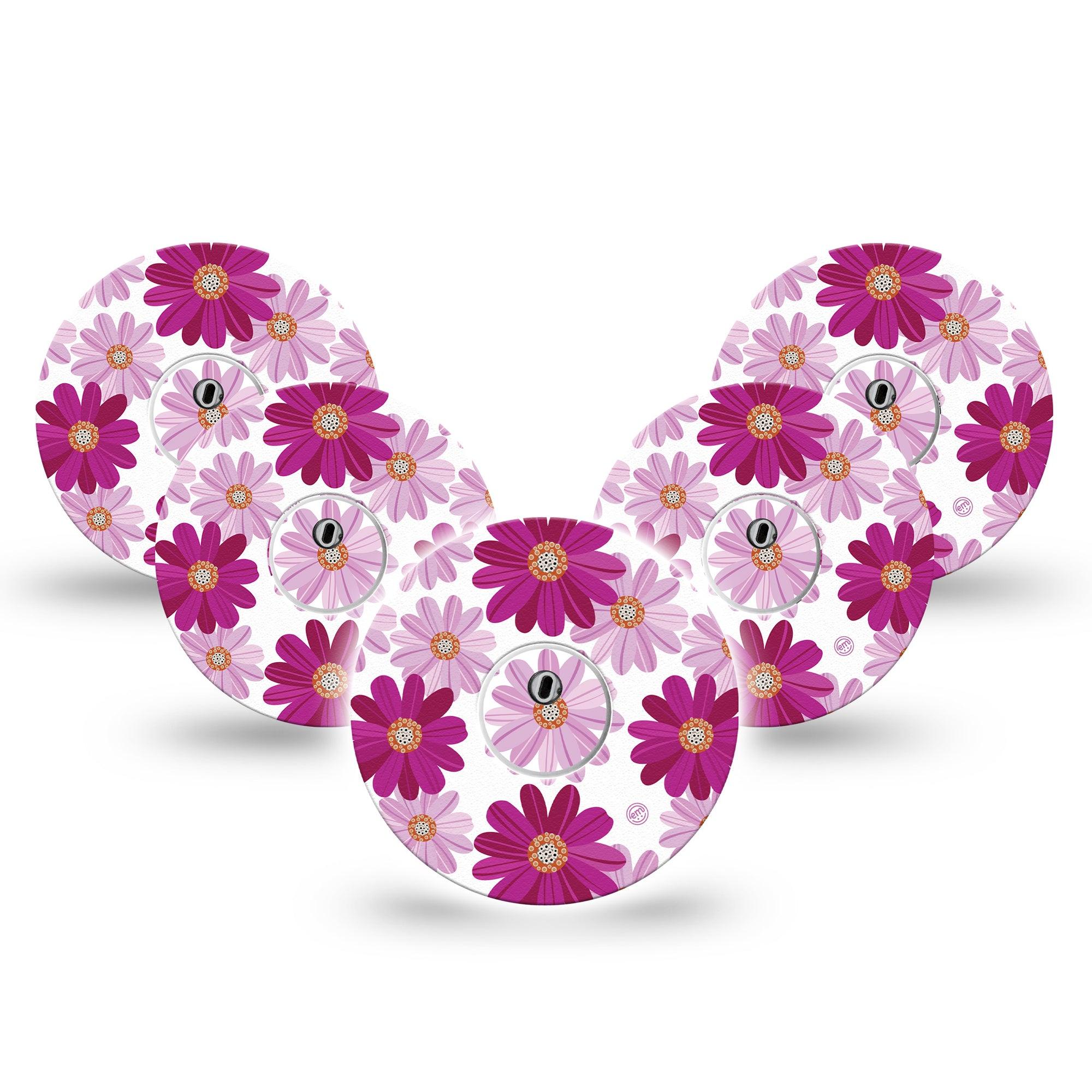 ExpressionMed Brilliant Daisies Freestyle Libre 3 and Libre 3 Plus Tape, 5-Pack Tape and 5-Pack Sticker Mauve Daisy Print Themed, Adhesive Tape Continuous Glucose Monitor Design