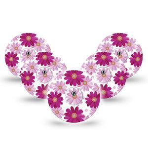 ExpressionMed Brilliant Daisies Freestyle Libre 3 and Libre 3 Plus Tape, 5-Pack Tape and 5-Pack Sticker Mauve Daisy Print Themed, Adhesive Tape Continuous Glucose Monitor Design