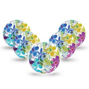 ExpressionMed Watercolor Floral Freestyle Libre 3 and Libre 3 Plus Tape, 5-Pack Tape and 5-Pack Sticker Soft Painted Flowers Themed, Adhesive Tape Continuous Glucose Monitor Design