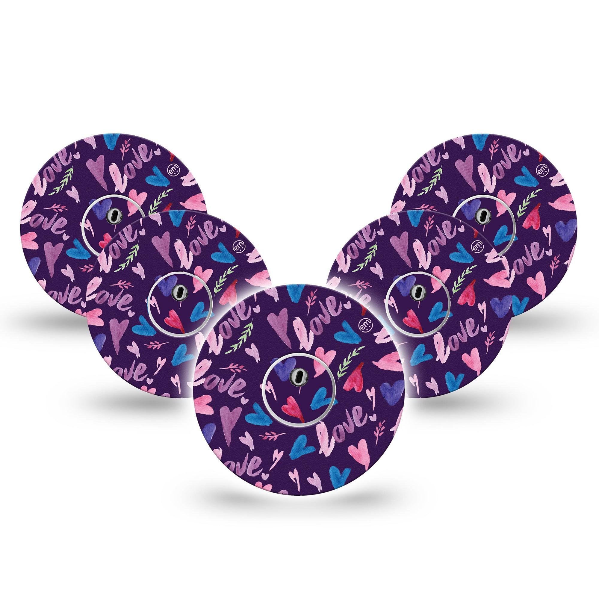 ExpressionMed Watercolor Love Freestyle Libre 3 and Libre 3 Plus Tape, 5-Pack Tape and 5-Pack Sticker Purple Love and Hearts Themed, Adhesive Tape Continuous Glucose Monitor Design