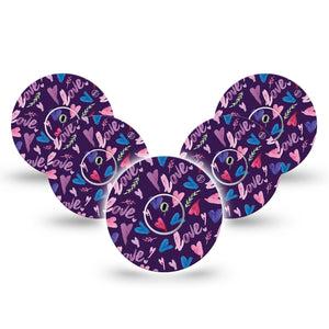 ExpressionMed Watercolor Love Freestyle Libre 3 and Libre 3 Plus Tape, 5-Pack Tape and 5-Pack Sticker Purple Love and Hearts Themed, Adhesive Tape Continuous Glucose Monitor Design