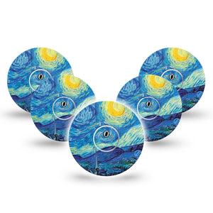 ExpressionMed Starry Nights Freestyle Libre 3 and Libre 3 Plus Tape, 5-Pack Tape and 5-Pack Sticker Van Gogh Painting Inspired, Adhesive Tape Continuous Glucose Monitor Design