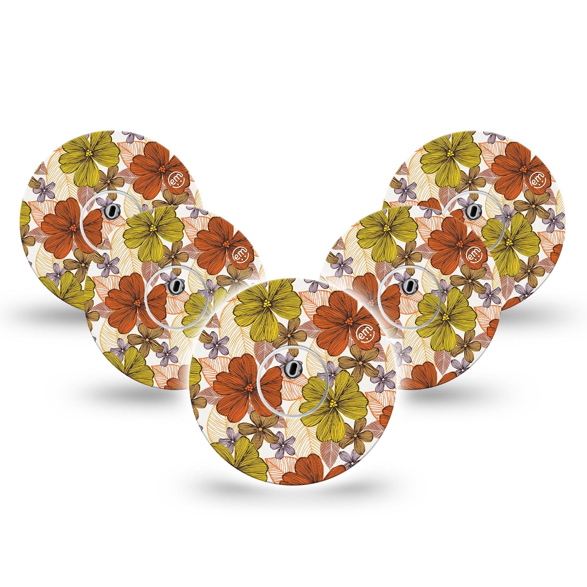 ExpressionMed Burnt Orange Floral Freestyle Libre 3 and Libre 3 Plus Tape, 5-Pack Tape and 5-Pack Sticker Orange and Yellow Floral Adhesive Tape Continuous Glucose Monitor Design
