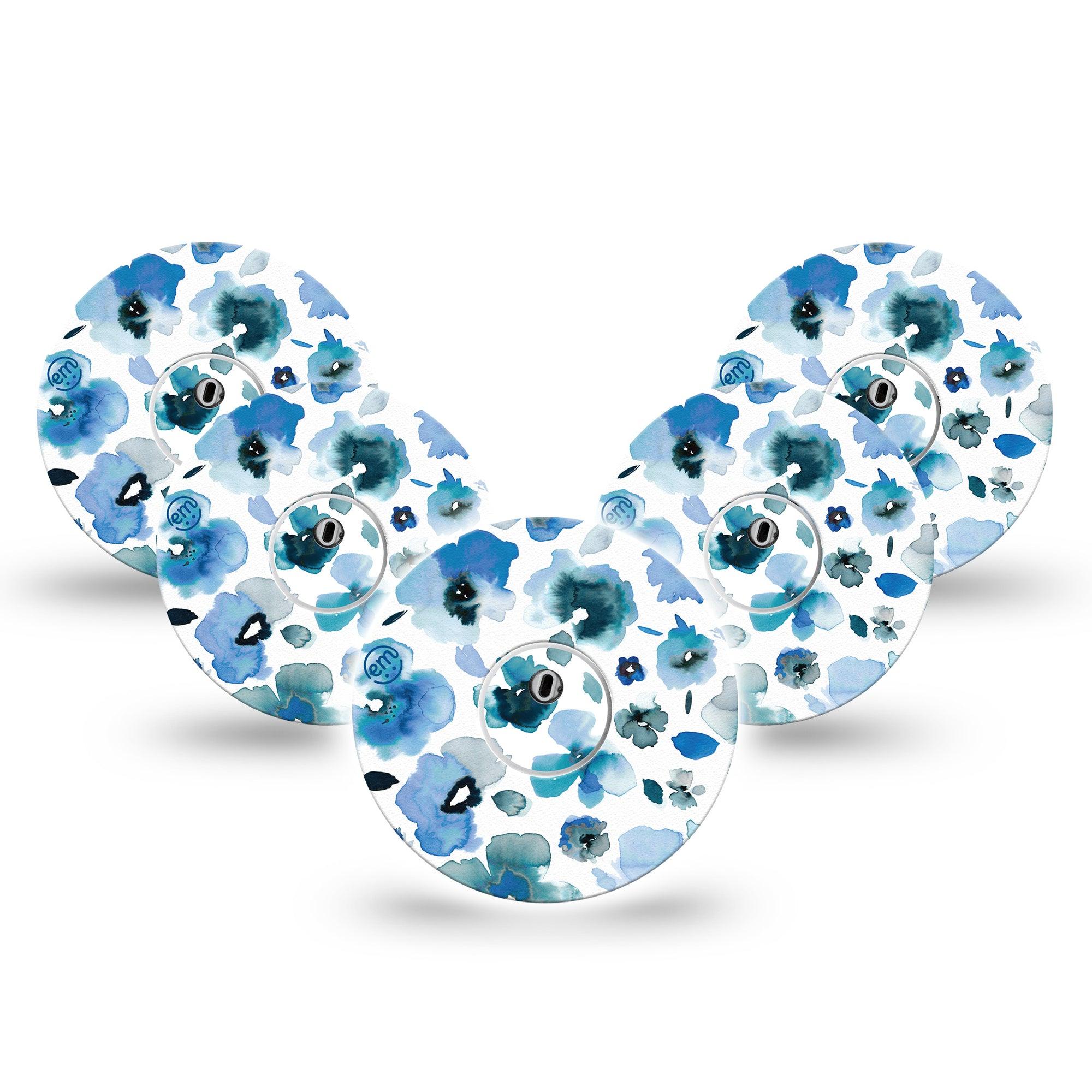 ExpressionMed Sapphire Petals Freestyle Libre 3 and Libre 3 Plus Tape, 5-Pack Tape and 5-Pack Sticker Watercolored Flowers Inspired, Adhesive Tape Continuous Glucose Monitor Design