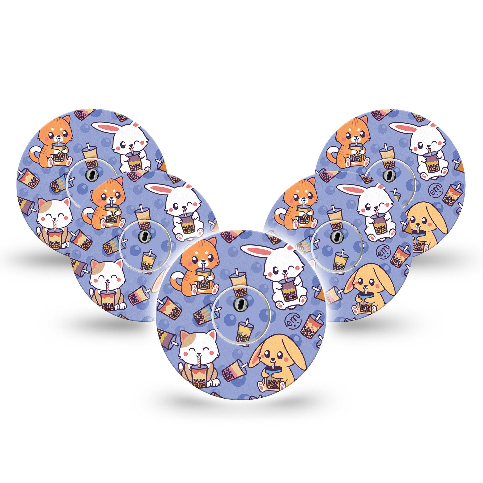 ExpressionMed Boba Buddies Freestyle Libre 3 and Libre 3 Plus Tape, 5-Pack Tape and 5-Pack Sticker Animal Design, Adhesive Tape Continuous Glucose Monitor Design