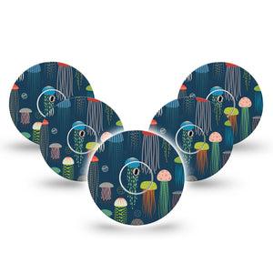 ExpressionMed Just Jellies Freestyle Libre 3 and Libre 3 Plus Tape, 5-Pack Tape and 5-Pack Sticker Colorful Tentacles Themed, Adhesive Tape Continuous Glucose Monitor Design