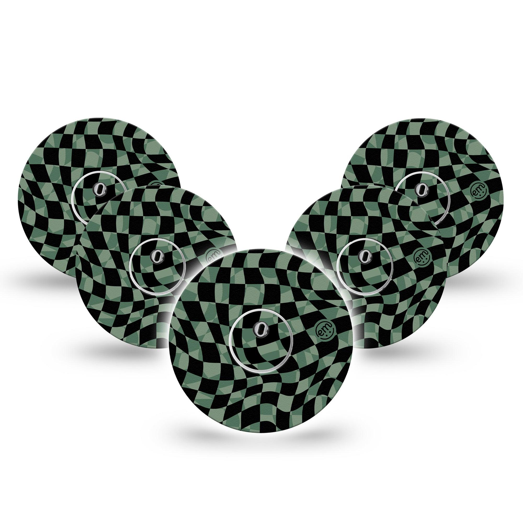 ExpressionMed Green & Black Checkerboard Freestyle Libre 3 and Libre 3 Plus Tape, 5-Pack Tape and 5-Pack Sticker Multicolored Checkered Themed, Adhesive Tape Continuous Glucose Monitor Design