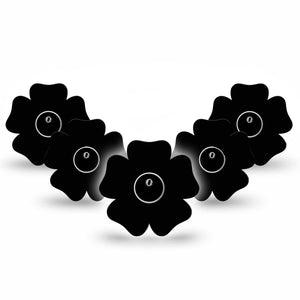 ExpressionMed Black Flower Libre 3 Tape, 5-Pack, Plain Black Themed, CGM Plaster Patch Design with Center Stickers
