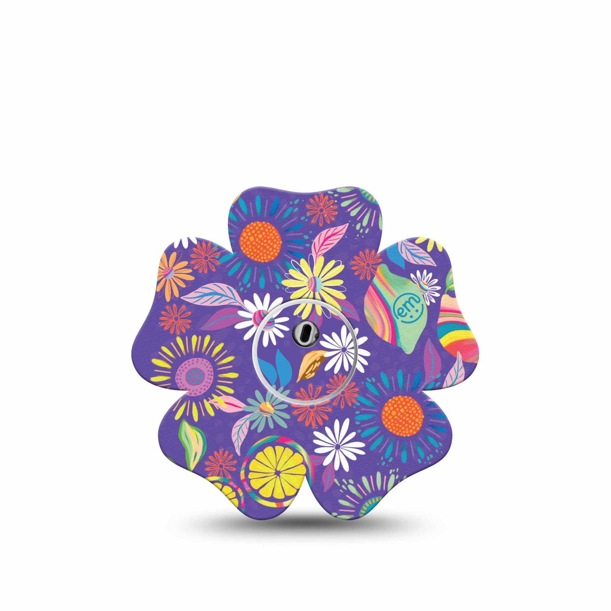 ExpressionMed Purple Flowers Freestyle Libre 3 Flower Shape Single Etta Vee Floral Artwork Adhesive Tape CGM Design with center sticker