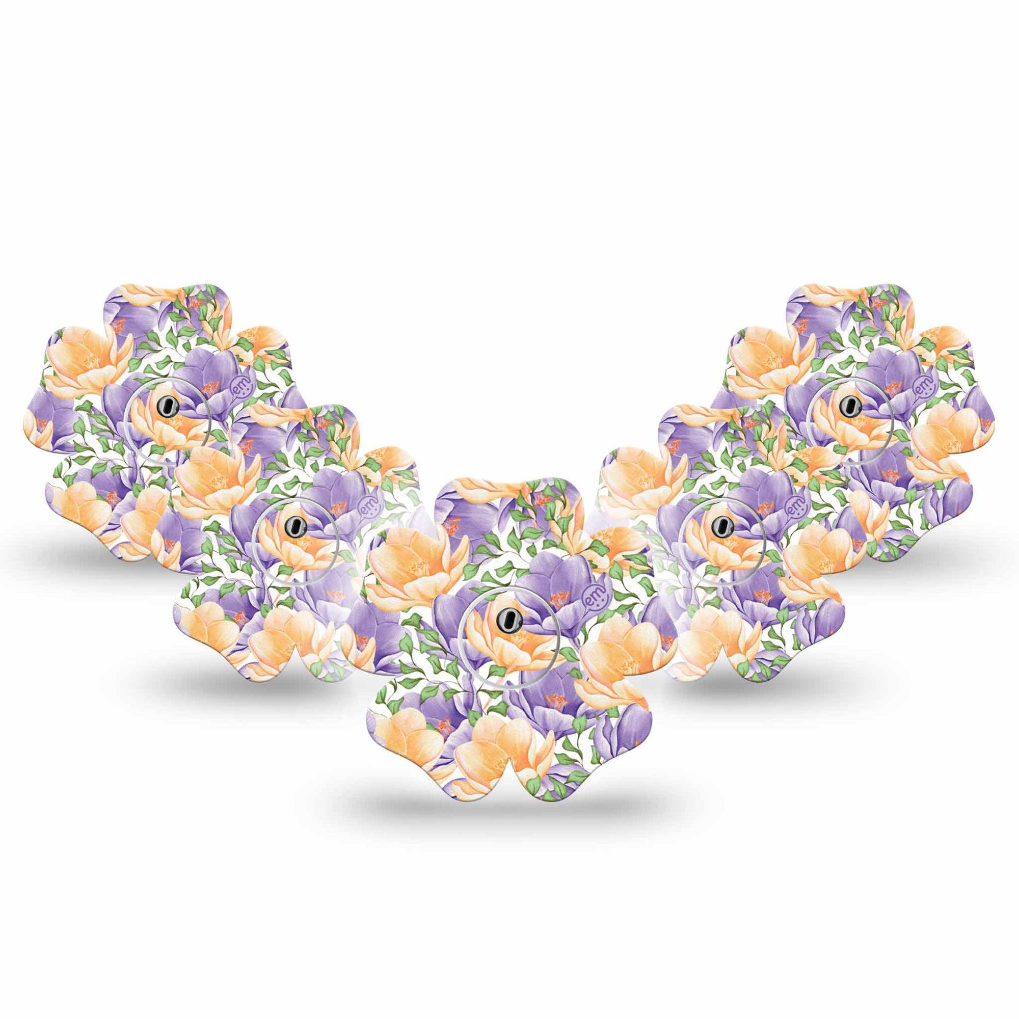 ExpressionMed Crocus Flowers Freestyle Libre 3 Flower Shape 5-Pack purple crocus Adhesive Tape CGM Design with center stickers