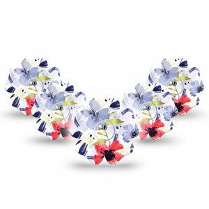 ExpressionMed Red White & Blue Flowers Freestyle Libre 3 Flower Shape Tape 5-Pack Festive Petals Plaster CGM Design with center stickers