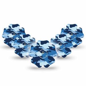 ExpressionMed Blue Camo Freestyle Libre 3 and Libre 3 Plus Flower Shape Tape 5-Pack Tape and 5-Pack Sticker Cool Camo Overlay Tape CGM Design