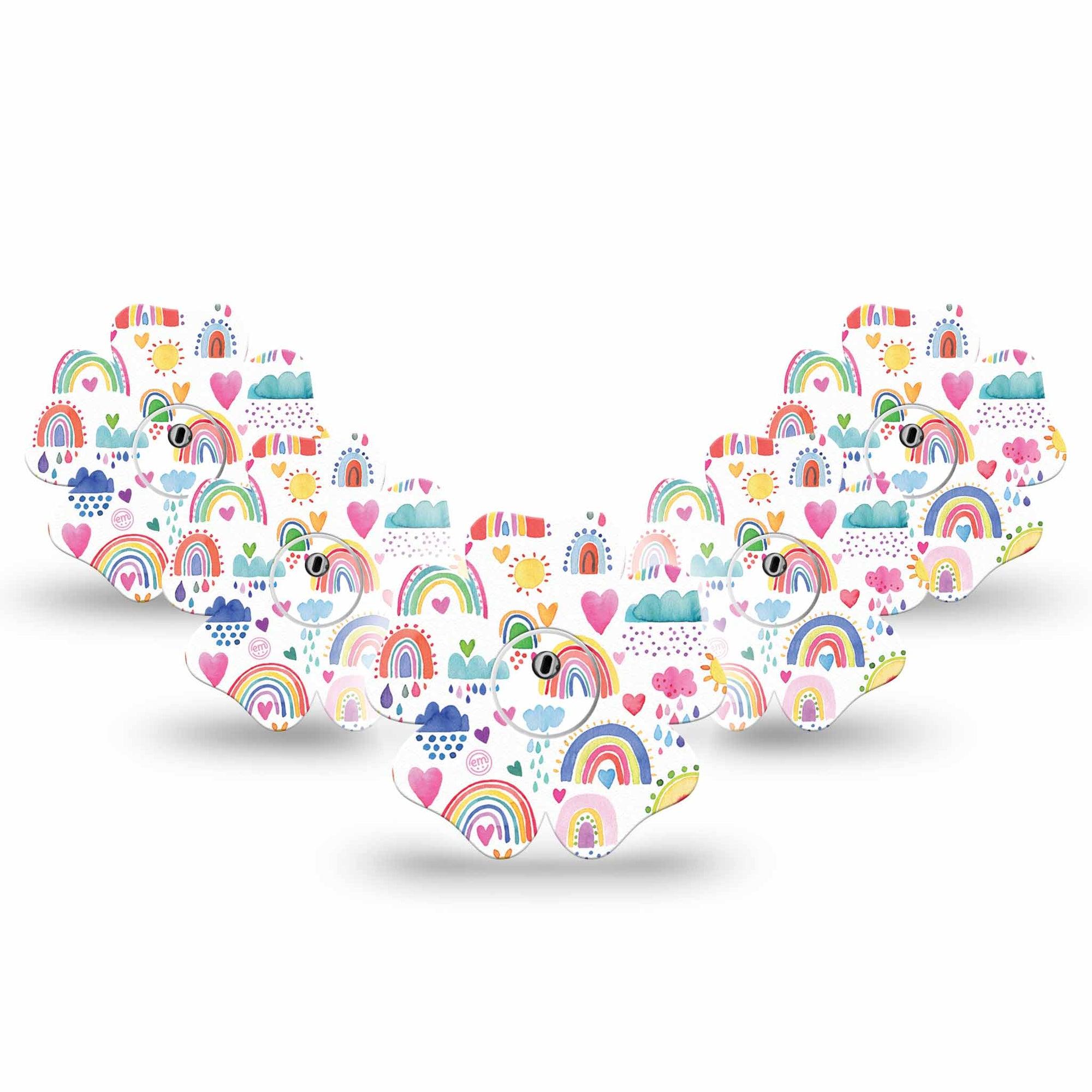 ExpressionMed Rainbows Of Hope Flower Libre 3 Tape, 5-Pack, Doodle Drawings Themed, CGM Plaster Patch Design with center stickers