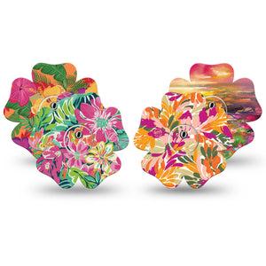 ExpressionMed Tangerine Tropics Variety Pack Freestyle Libre 3 and Libre 3 Plus Flower Shape Tape 4-Pack Tape and 4-Pack Sticker Variety Pink Orange Coastal Florals, Overlay Tape CGM Design