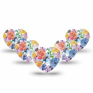 ExpressionMed Stylised Floral Freestyle Libre 3 Heart Shape 5-Pack Stickers and Tapes Botanical Pattern Overlay Patch CGM Design