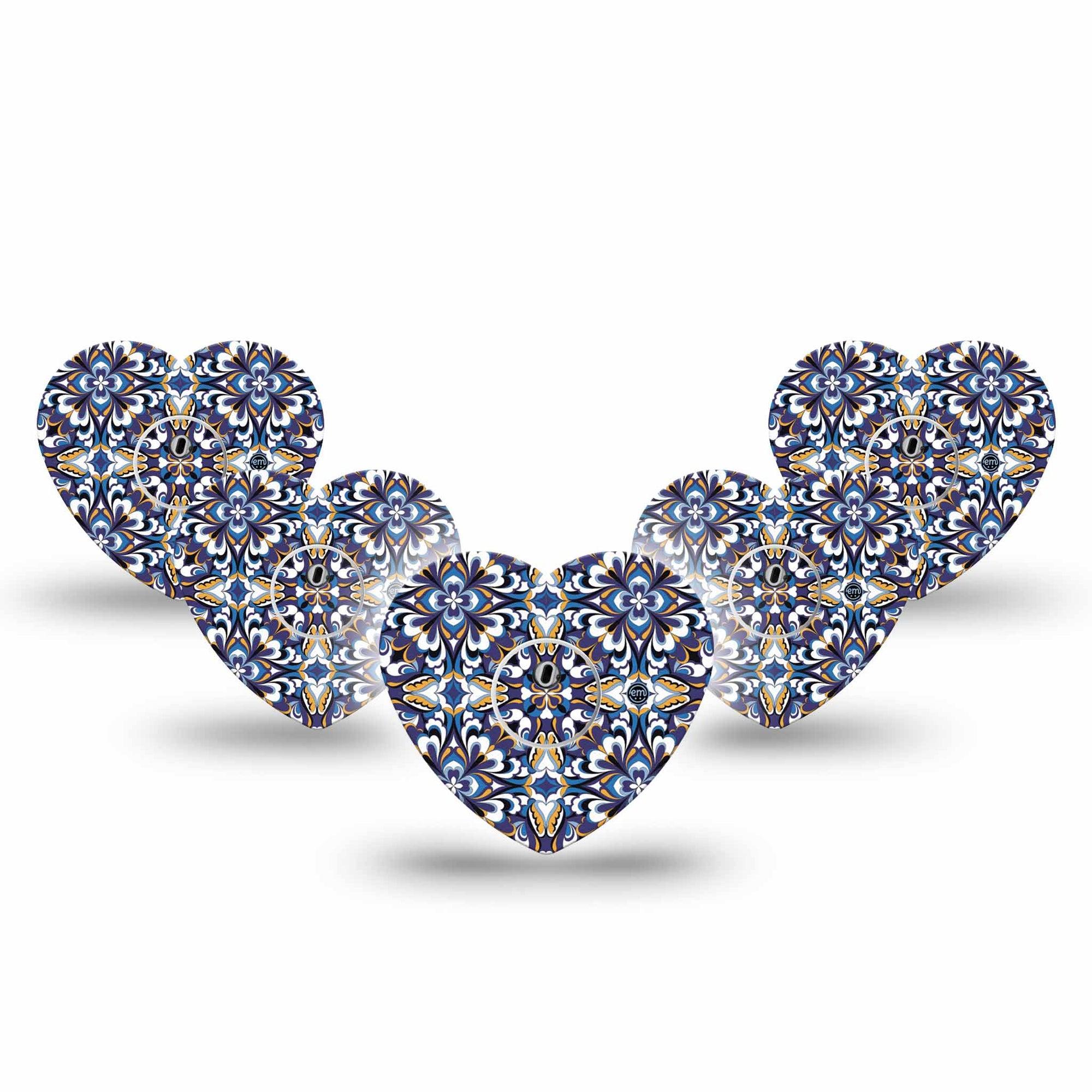 ExpressionMed Moroccan Tile Freestyle Libre 3 and Libre 3 Plus Heart Shape Tape 5-Pack Tape and 5-Pack Sticker Elegant Tiles, Patch CGM Design