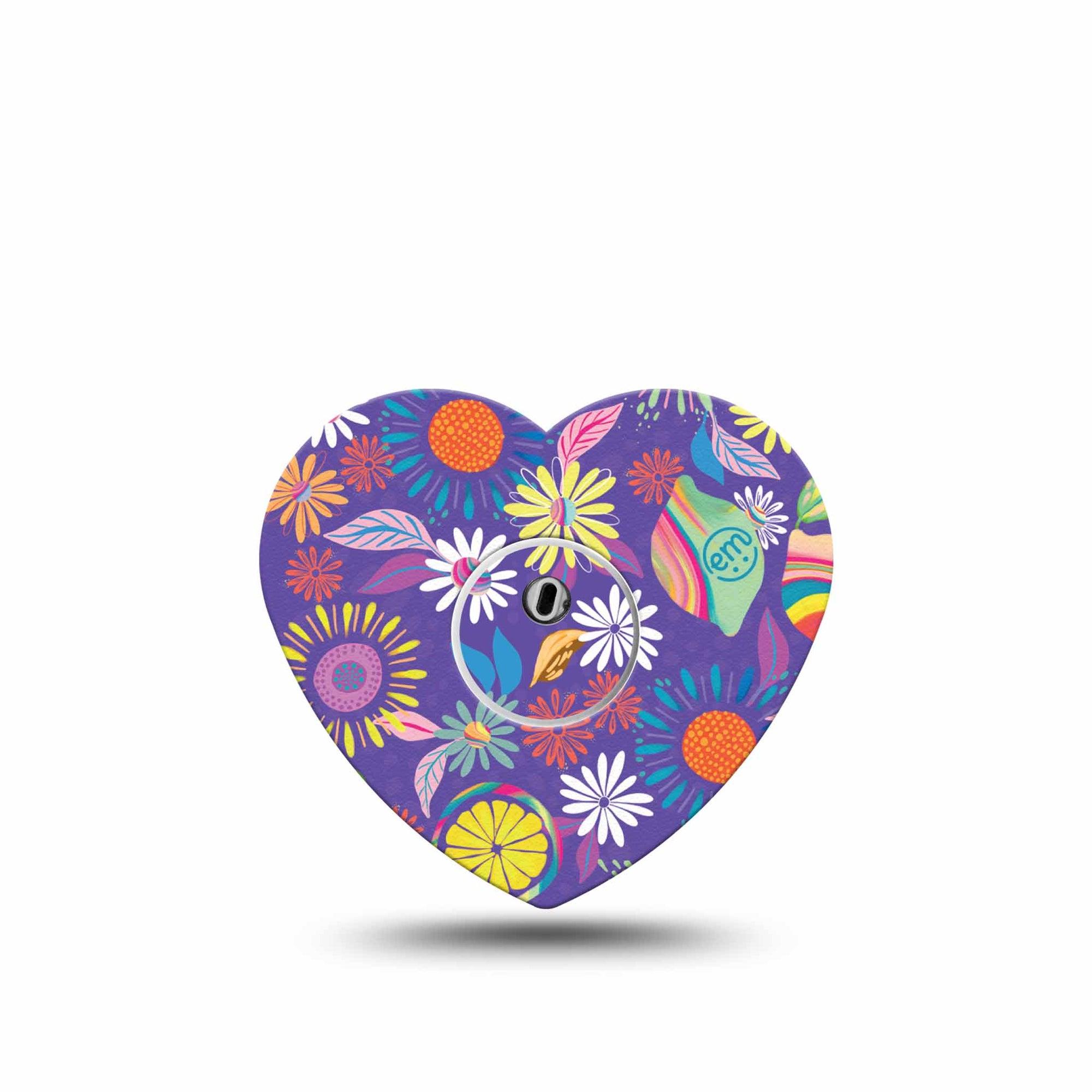 ExpressionMed Purple Flowers Freestyle Libre 3 Heart Shape Single Vibrant Etta Vee Design Overlay Patch CGM Design with center sticker