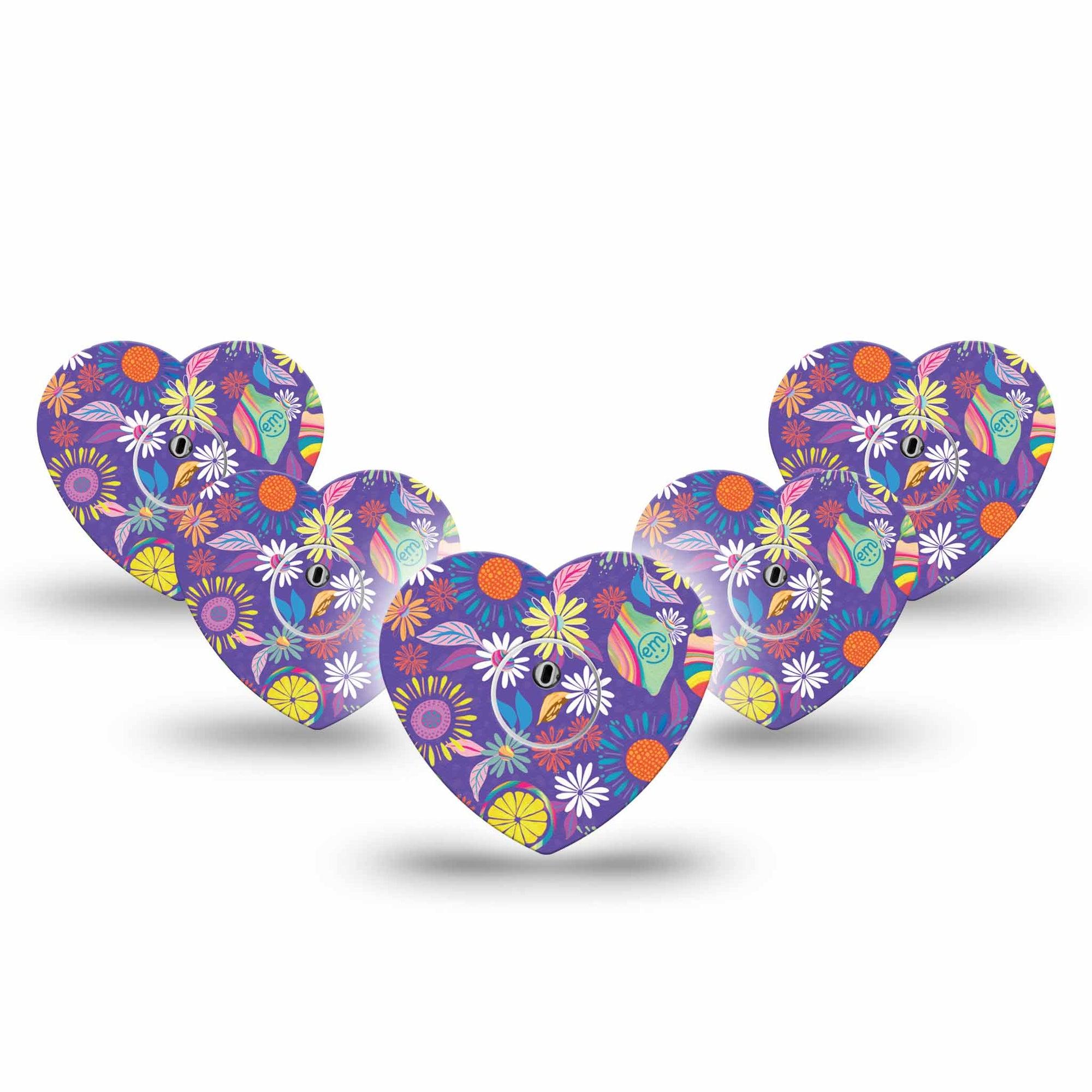ExpressionMed Purple Flower Freestyle Libre 3 Heart Shape 5-Pack Exclusive Etta Vee Art Overlay Patch CGM Design with center stickers