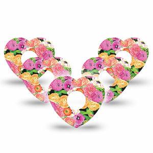 ExpressionMed Hand Painted Flowers Freestyle Libre 3 Heart Shape Tape 5-Pack Tape Hand Drawn Flowers Patch CGM Design