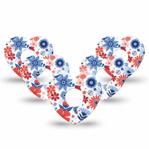 ExpressionMed July Flowers Freestyle Libre 3 Heart Shape Tape 5-Pack Americana flowers themed Overlay Patch CGM Design