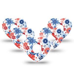 ExpressionMed July Flowers Freestyle Libre 3 Heart Shape Tape 5-Pack Americana flowers themed Overlay Patch CGM Design