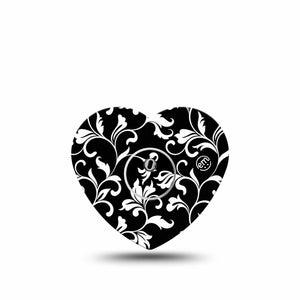 ExpressionMed Fleur de lis Freestyle Libre 3 Heart Shape Tape Single Sticker and Tape Fancy black white flower vine Overlay Patch CGM Design